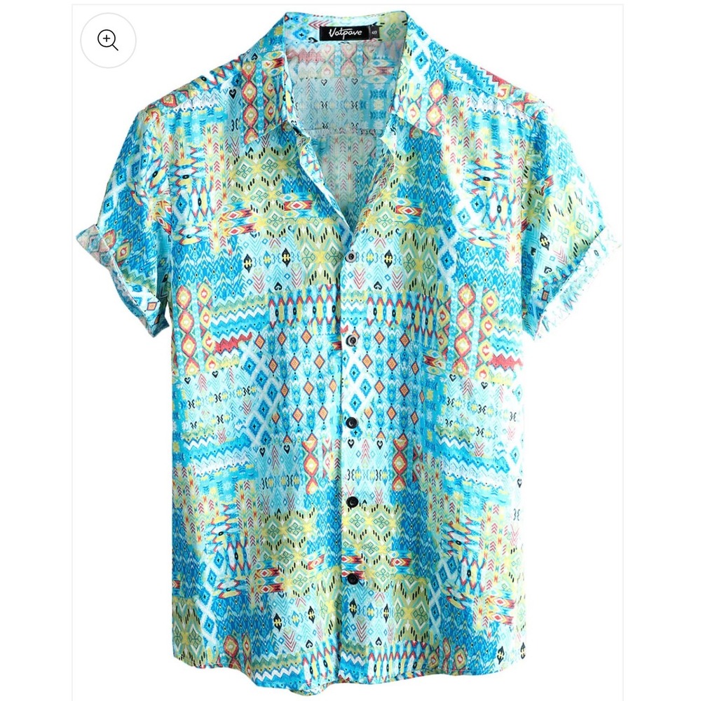 Vatpave Mens Short Sleeve Button Down Shirt Blue Tribal Geometric Print Large